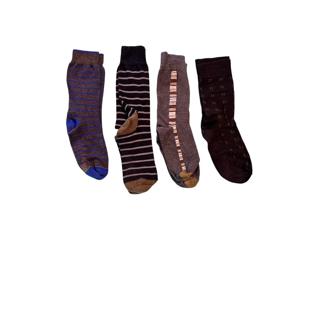 Mens Crew Dress Socks Bundle 4 Pairs‎ Striped Geometric Pattern Brown Black Blue